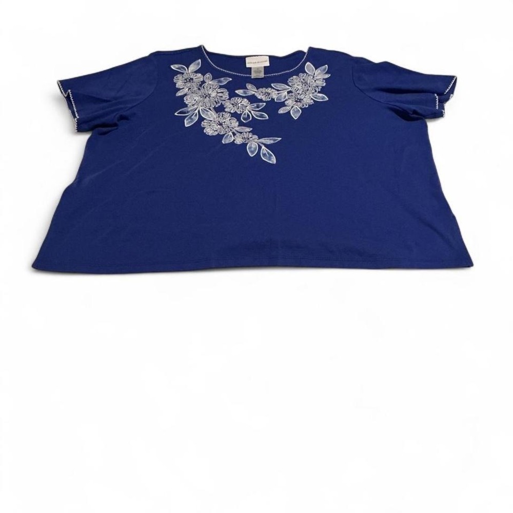 Alfred Dunner Floral Embroidered Top Womens XL Blue Excellent Short Sleeve Shirt
